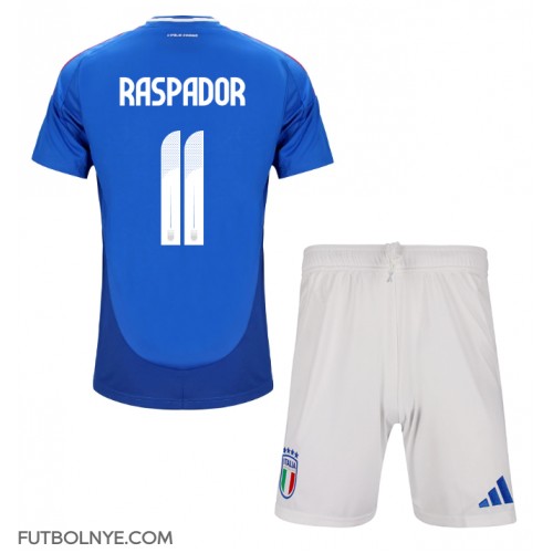 Camiseta Italia Giacomo Raspadori #11 Primera Equipación para niños Eurocopa 2024 manga corta (+ pantalones cortos)